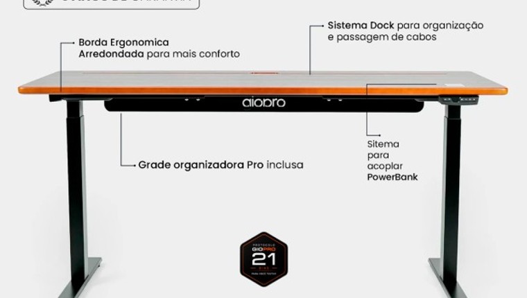 Mesa Regulagem de Altura Giodesk Pro 140x70 Preto/Madeira