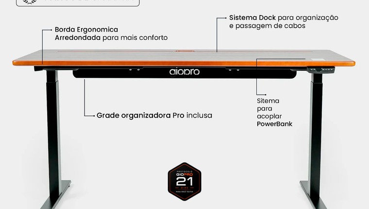 Mesa Regulagem de Altura Giodesk Pro 180x80 Preto/Madeira