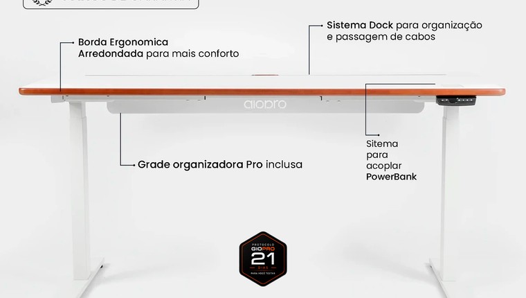 Mesa Regulagem de Altura Giodesk Pro 160x70 Branco/Madeira