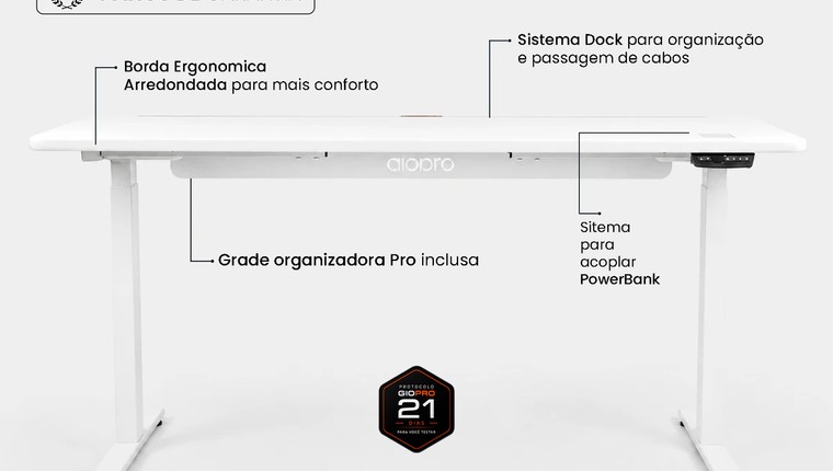Mesa Regulagem de Altura Giodesk Pro 180x80 Branco