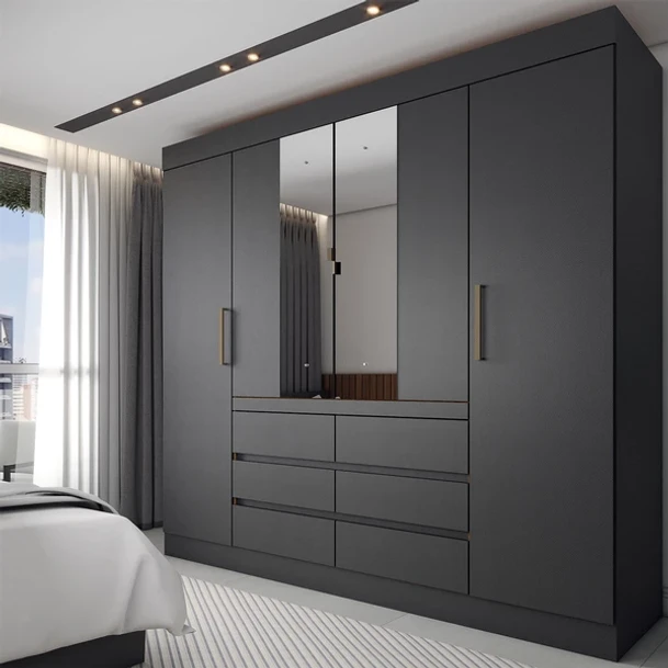 Guarda-Roupa Casal Honey 4 Portas 6 Gavetas com Espelho Preto/Amêndola - Panorama Móveis