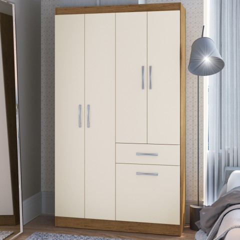 Guarda-Roupa Solteiro Marbella 4 Portas 2 Gavetas 5804 Off White/Nogueira - Doripel
