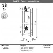 Closet 4 Prateleiras 100% Mdf Tw402 Freijó/Preto Fosco - Dalla Costa