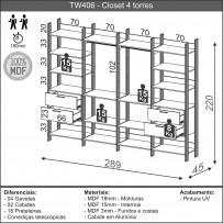 Closet 4 Gavetas 16 Prateleiras 100% Mdf Tw406 Freijó/Preto Fosco - Dalla Costa