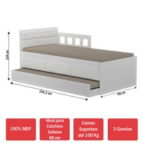 Cama Infantil Bicama 3 Gavetas com Grade 100% Mdf 907910 Branco - Foscarini