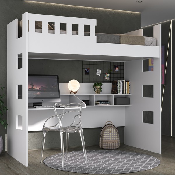 Cama Infantil com Escrivaninha e Grade de Proteção 100% Mdf U231623 Branco - Foscarini