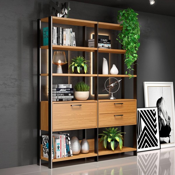 Estante para Livros 1 Porta 2 Gavetas 100% Mdf E92 Freijó/Preto Fosco - Dalla Costa