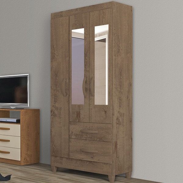 Guarda-Roupa Solteiro Real 3 Portas 2 Gavetas com Espelho Mocaccino Rústico - Atualle Móveis