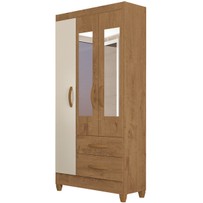 Guarda-Roupa Solteiro Real 3 Portas 2 Gavetas com Espelho Canelato Rústico/Natura Off White - Atualle Móveis