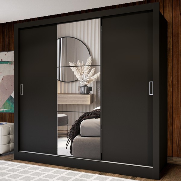 Guarda-Roupa Casal Flórida 3 Portas de Correr com Espelho 3 Gavetas Preto Fosco - Panorama Móveis