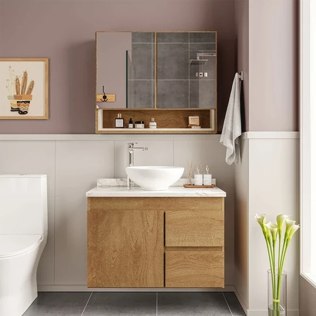 Armário de Banheiro Travertino 80 Cm 3 Portas 2 Gavetas com Espelho Freijó/Creme - Politorno