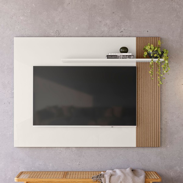 Painel para TV Até 40 Polegadas Demadero 1 Prateleira Off White/Ripado Madeira - Nicioli