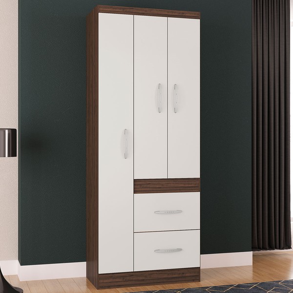 Guarda-Roupa Solteiro Milão 3 Portas 2 Gavetas Chocolate/Off White - Poquema