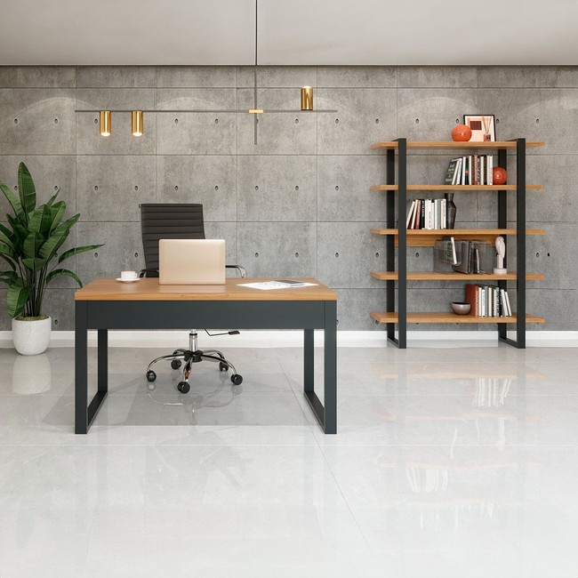 Conjunto Sala de Jantar Mesa Lisboa Base Hexagonal com 6 Cadeiras Tela Sintética Freijó/Bege Claro Rústico