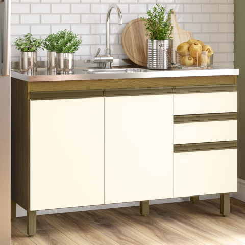 Balcão de Cozinha 3 Portas 2 Gavetas Nature/Off White B103 - Briz