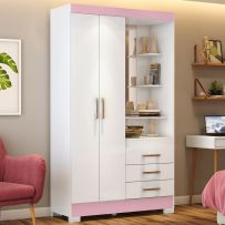 Guarda-Roupa Solteiro 2 Portas 3 Gavetas Branco/Rosa Chá B64 - Briz