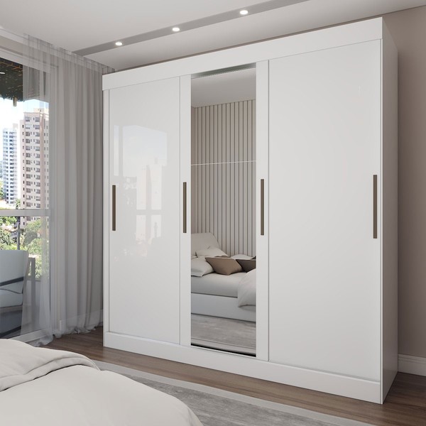 Guarda-Roupa Casal Katy 3 Portas 2 Gavetas com Espelho Branco - Pnr Móveis