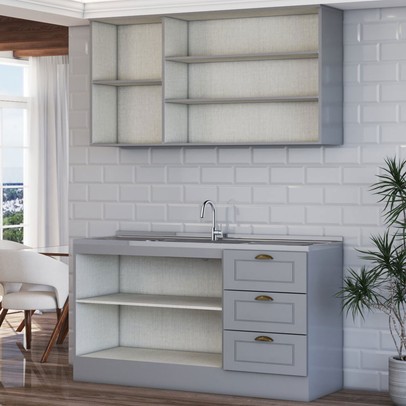 Cozinha Americana Compacta Califórnia 5 Portas 3 Gavetas Cinza - Panorama Móveis