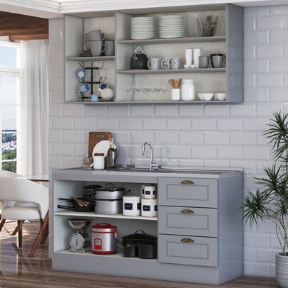 Cozinha Americana Compacta Califórnia 5 Portas 3 Gavetas Cinza - Panorama Móveis