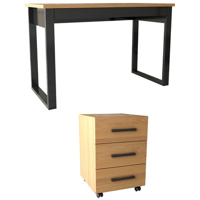 Conjunto Home Office Industrial 100% Mdf Mesa e Gaveteiro Freijó/Preto - Panorama Móveis
