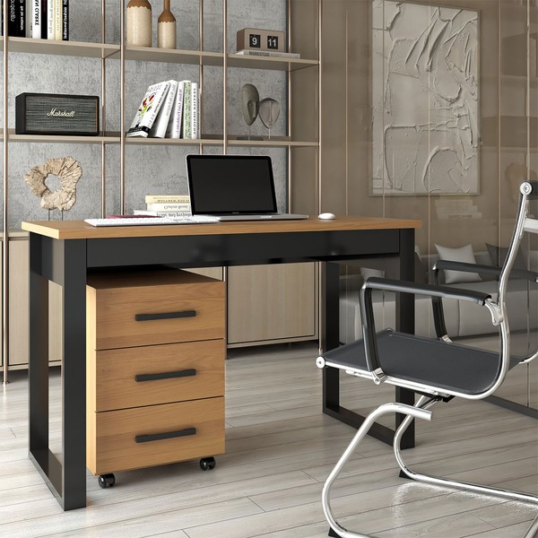 Conjunto Home Office Industrial 100% Mdf Mesa e Gaveteiro Freijó/Preto - Panorama Móveis