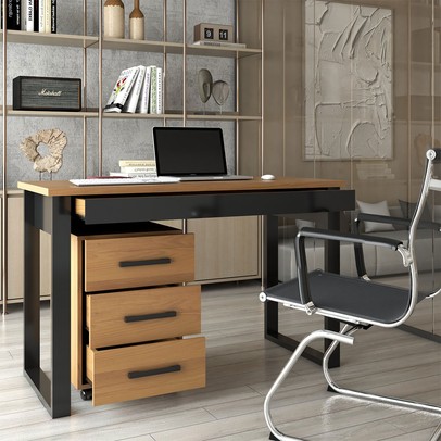 Conjunto Home Office Industrial 100% Mdf Mesa e Gaveteiro Freijó/Preto - Panorama Móveis