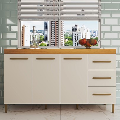 Balcão de Cozinha Completo 3 Portas 3 Gavetas Nature/Off White - Panorama Móveis