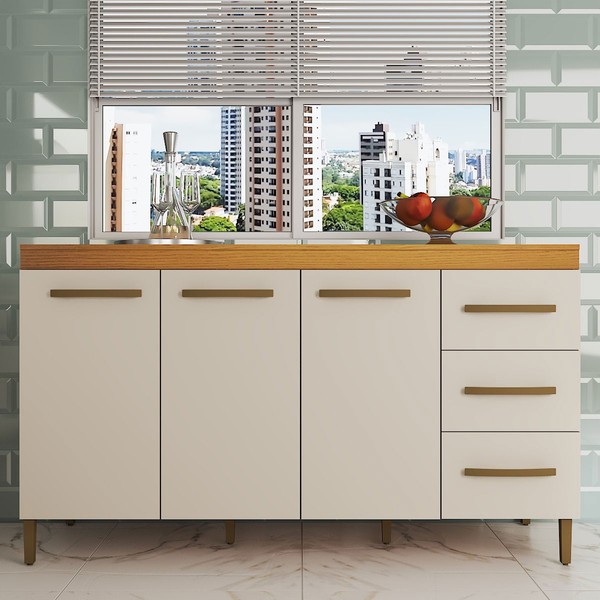 Balcão de Cozinha Completo 3 Portas 3 Gavetas Nature/Off White - Panorama Móveis