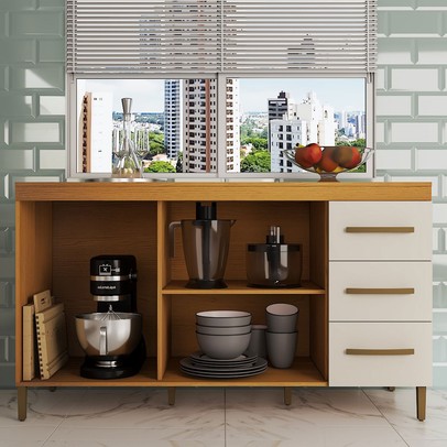 Balcão de Cozinha Completo 3 Portas 3 Gavetas Nature/Off White - Panorama Móveis