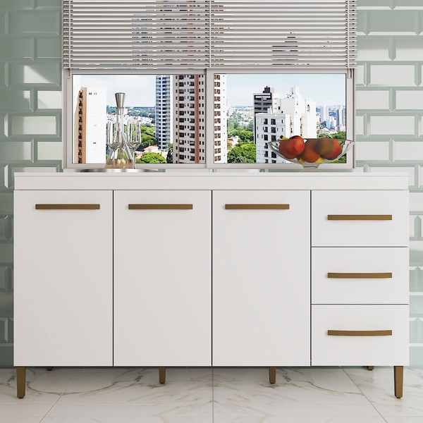 Balcão de Cozinha Completo 3 Portas 3 Gavetas Branco - Panorama Móveis