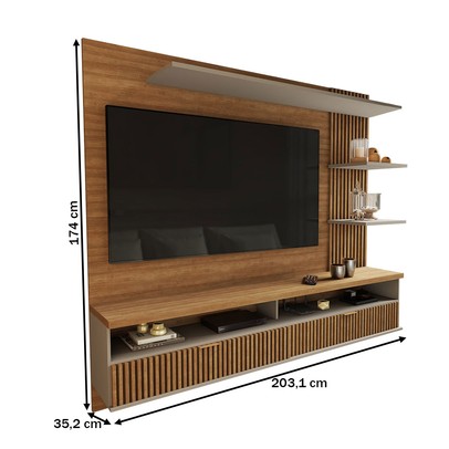 Painel para TV Até 65 Polegadas Ripado 2 Portas Amêndoa/Titânio- Panorama Móveis