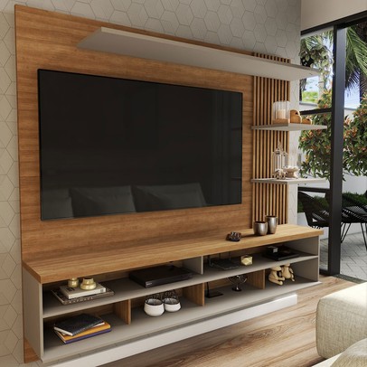 Painel para TV Até 65 Polegadas Ripado 2 Portas Amêndoa/Titânio- Panorama Móveis