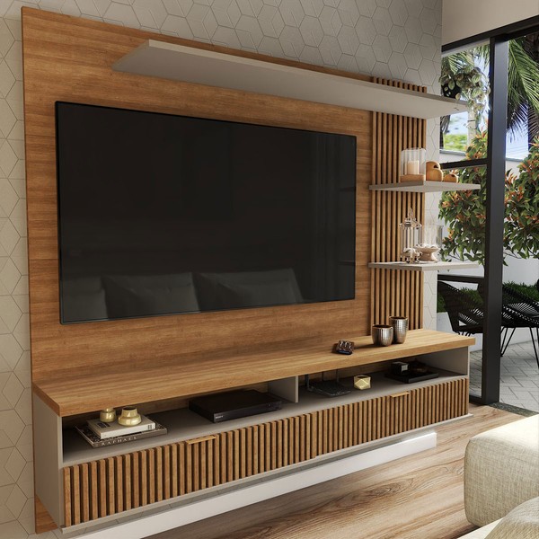 Painel para TV Até 65 Polegadas Ripado 2 Portas Amêndoa/Titânio- Panorama Móveis