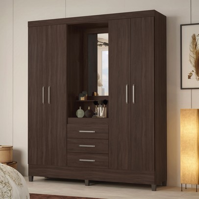 Guarda-Roupa Solteiro Pérsia 4 Portas 3 Gavetas com Espelho Café Touch - Demóbile