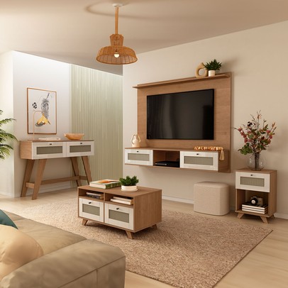 Sala de Estar Completa Decor para TV Até 65 Polegadas 2 Portas Cinamomo/Off White - Pnr Móveis