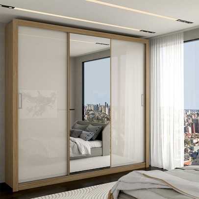 Guarda-Roupa Casal Absolut 3 Portas com Espelho Amêndola/Off-White - Panorama Móveis