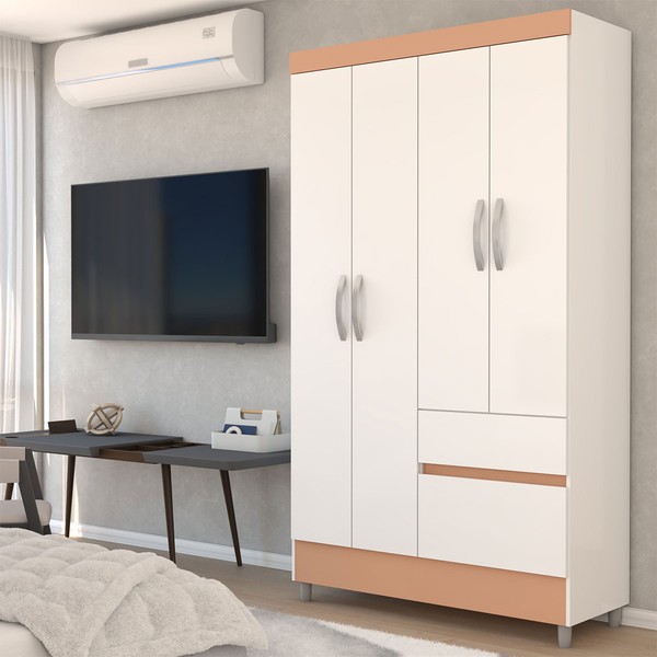Guarda-Roupa Solteiro Londres 4 Portas 2 Gavetas Branco/Camarim - Panorama Móveis