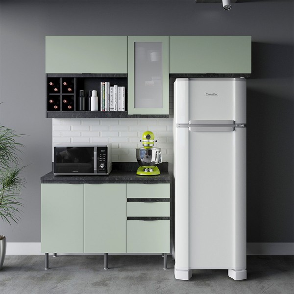 Cozinha Compacta Orquídea 5 Portas 3 Gavetas com Vidro Mármore Lunar/Verde Mar - Tecno Mobili