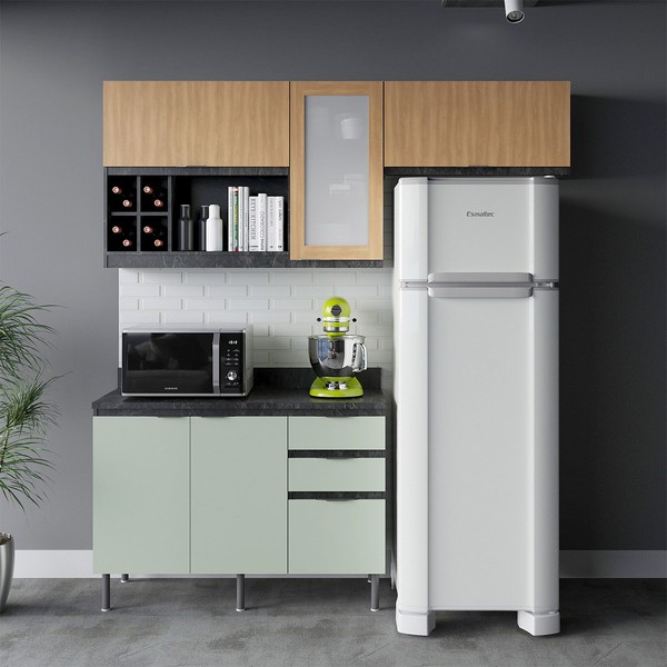 Cozinha Compacta Orquídea 5 Portas 3 Gavetas com Vidro Mármore Lunar/Verde Mar/Freijó - Tecno Mobili