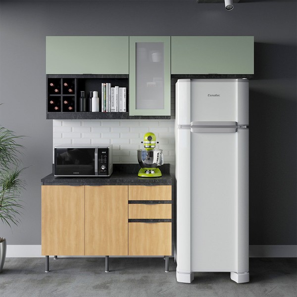 Cozinha Compacta Orquídea 5 Portas 3 Gavetas com Vidro Mármore Lunar/Freijó/Verde Mar - Tecno Mobili