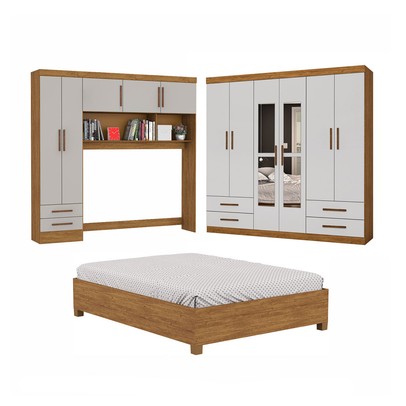 Guarda-Roupa Casal Modulado com Cama Hércules 11 Portas 6 Gavetas com Espelho Cinamomo/Off White - Carioca Móveis
