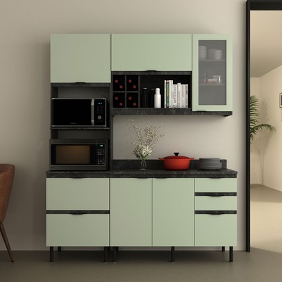 Cozinha Compacta Begônia 6 Portas 4 Gavetas com Vidro Mármore Lunar/Verde Mar - Tecno Mobili
