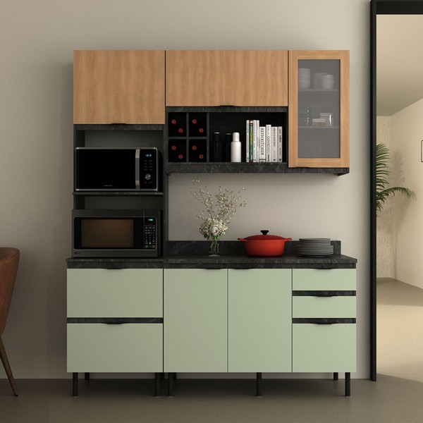 Cozinha Compacta Begônia 6 Portas 4 Gavetas com Vidro Mármore Lunar/Verde Mar/Freijó - Tecno Mobili