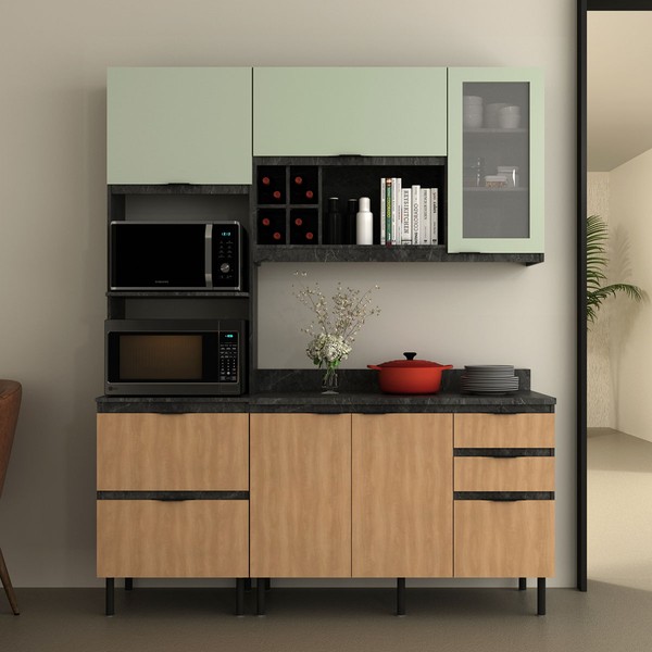 Cozinha Compacta Begônia 6 Portas 4 Gavetas com Vidro Mármore Lunar/Freijó/Verde Mar - Tecno Mobili