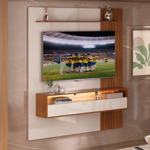 Painel para TV Até 65 Polegadas Matisse Frisado 1 Porta Basculante com Led Cinamomo/Off White - Artely Móveis