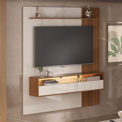 Painel para TV Até 65 Polegadas Matisse Frisado 1 Porta Basculante com Led Cinamomo/Off White - Artely Móveis