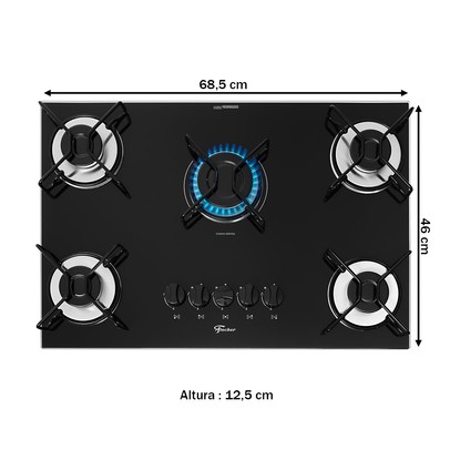Cooktop 5 Bocas Fit Line com Trempe Aramado e Vidro Preto - Fischer
