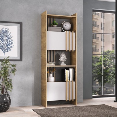 Estante para Livros Arbos 2 Portas 6 Prateleiras Ripado Olmo/Branco - Artany