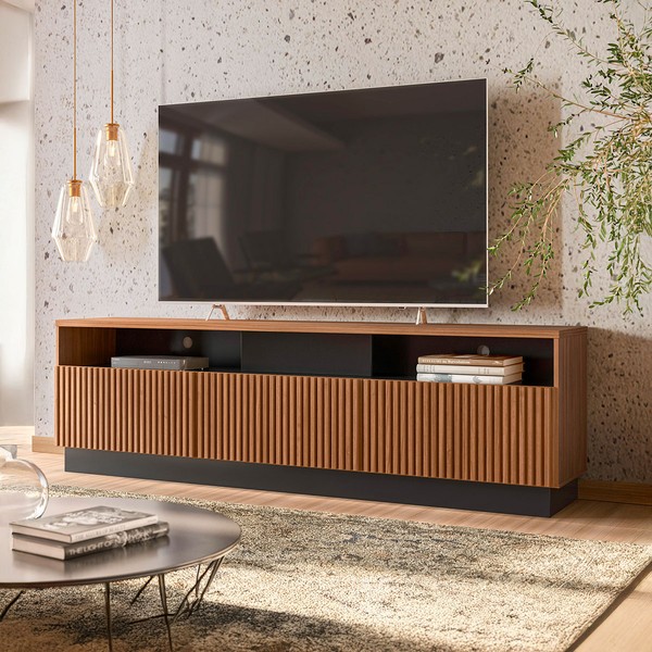 Rack para TV Até 75 Polegadas Temaru Ripado 3 Porta Freijó/Preto Fosco - Pnr Móveis