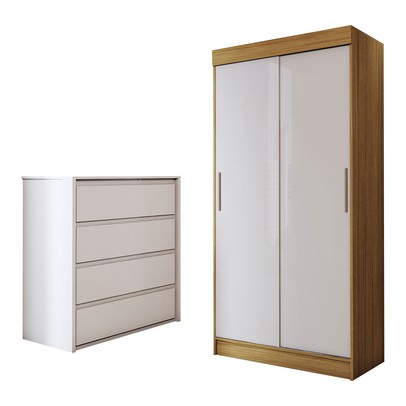 Guarda-Roupa Solteiro Sirius  2 Portas 2 Gavetas e Cômoda 4 Gavetas Marrocos/Off White/Branco - Panorama Móveis